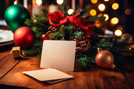 mockup empty card on wooden table with christmas decoration backgroundの素材