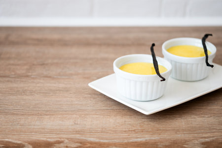 Homemade vanilla custard on blue backgroundの写真素材
