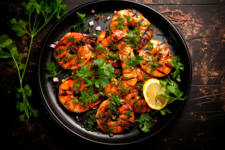 grilled shrimp with chopped parsley on black plateの素材