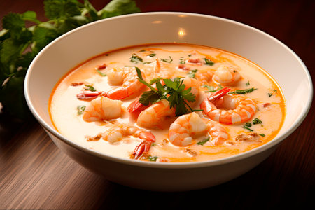 Shrimp soup on wooden tableの素材
