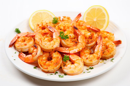grilled shrimp with chopped parsley on white plate and white surfaceの素材