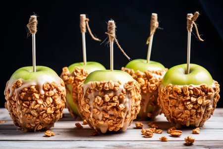 Caramel apples with Walnuts on a stick for halloween on wooden tableの素材