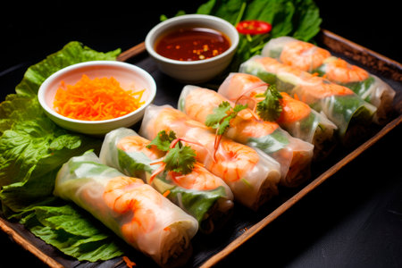 vietnamese spring rolls with sauce on wooden tableの素材