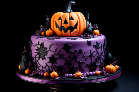 halloween cake with pumpkin shape, purple and black backgroundの素材