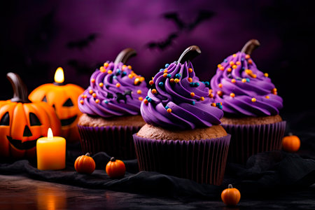 Halloween cupcakes with purple cream on dark backgroundの素材