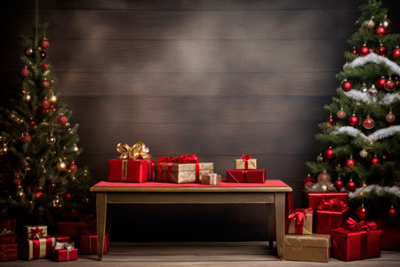 christmas gifts wrapped in red paper on wooden boardの素材