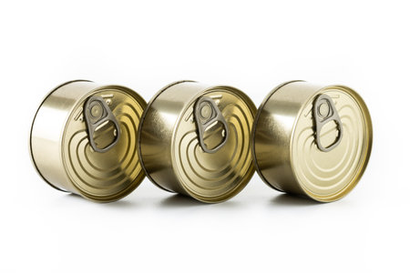 Various canned food in metal cans isolated on white backgroundの写真素材