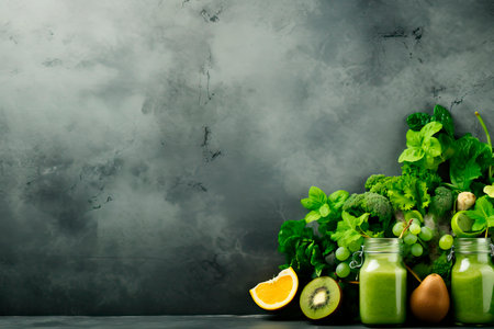 green health smoothie with kale leaves, lime, apple, kiwi, grapes, banana, avocado, lettuce in glass jar mugsの素材