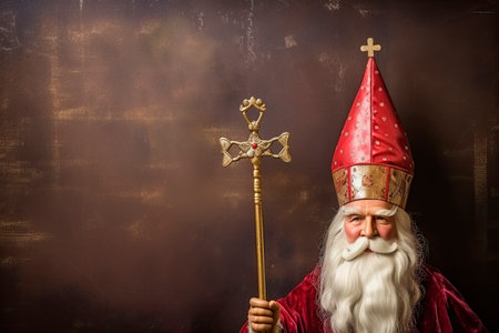 Miter or mijter and staff of Sinterklaas.On vintage backgroud. Dutch tradition saint Nicholasの素材