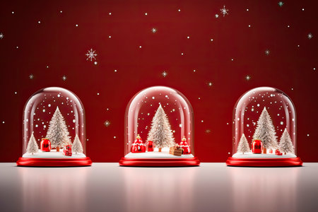 Set of Glass snow globe Christmas decorative design. Podium under transparent glass dome with white snowdrift, glow garlandの素材
