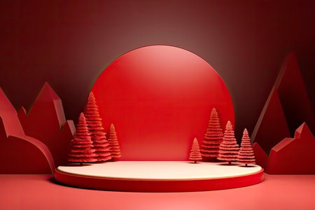 red christmas podium mockup for product. winter christmas red background with tree xmasの素材
