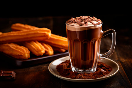 Hot chocolate with churros on wooden table. Spanish breakfastの素材