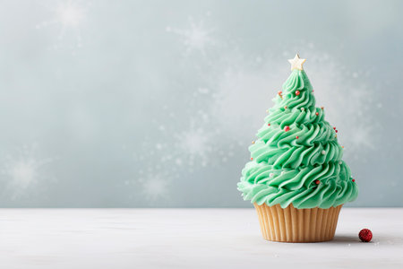 Christmas tree cupcakes on green backgroundの素材