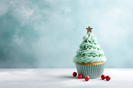 Christmas tree cupcakes on green backgroundの素材