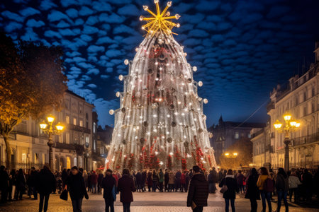 large illuminated christmas tree in the city at nightの素材