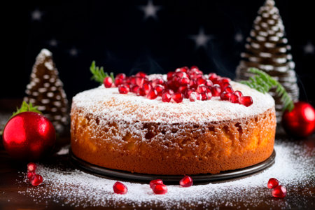 traditional homemade christmas cake with pomegranate powdering with icing sugarの素材
