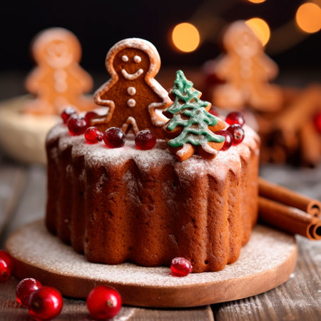 Piece of baked Christmas cake decorated with gingerbread men and cranberriesの素材