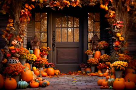 entrance of a house decorated with pumpkins for thanksgivingの素材
