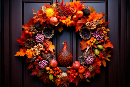 decoration of a door of a house with a round thanksgiving wreathの素材