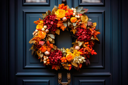 decoration of a door of a house with a round thanksgiving wreathの素材