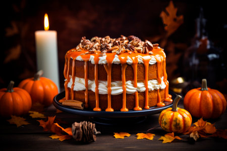 Pumpkin spice cake with cream cheese, dessert for Halloween and Thanksgiving on wooden tableの素材