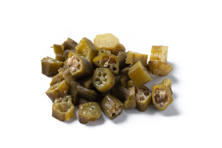 Okra slices isolated on white backgroundの写真素材