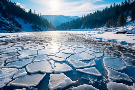 Landscape frozen blue lake with cracks and snowy mountains in the backgroundの素材