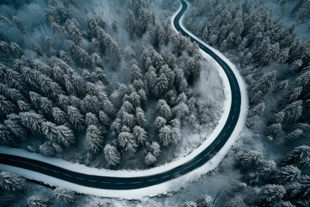 Winding and curvy road in the middle of a snow-covered forest, top-down aerial viewの素材