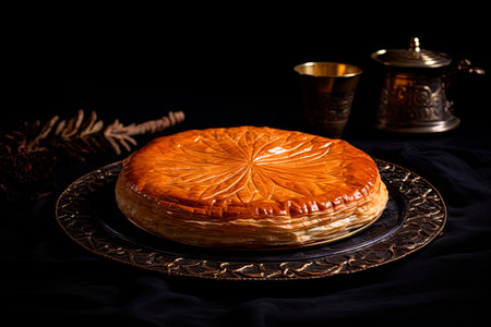 Galette des rois on wooden table. Traditional Epiphany cake in Franceの素材