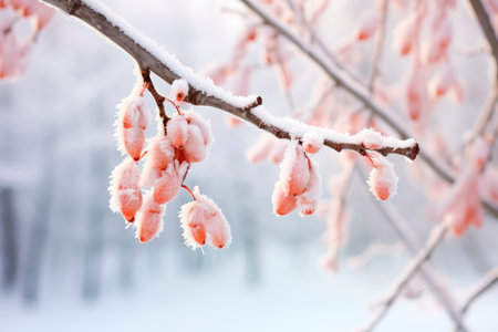 Snow covered alder tree branch against on blue backgroundの素材