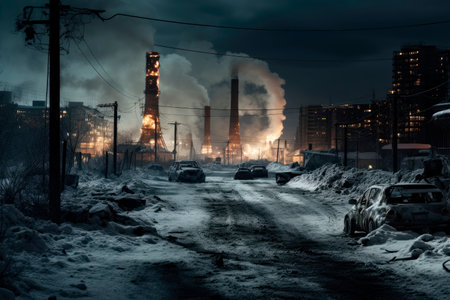 futuristic city on winter season with snow on the streetの素材