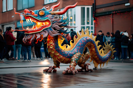 Typical Chinese dragon in the street. Worn by dancers in Chinese New Year celebrationの素材