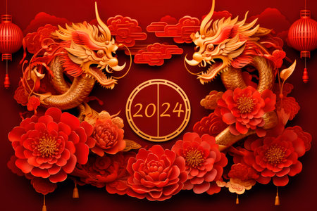 Happy Chinese New Year 2024. Dragon gold zodiac sign on red background for festival card design. Translation happy new year 2024, dragonの素材