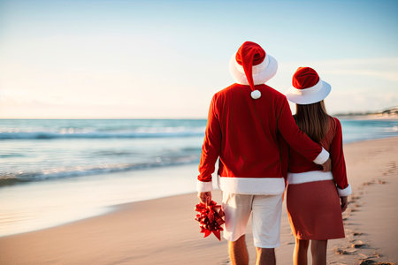 young couple walking on the beach with santa hats. christmas vacation on the beachの素材