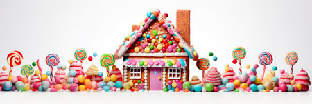 Christmas gingerbread house decorated with candies and glaze isolated on white backgroundの素材