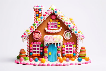 Christmas gingerbread house decorated with candies and glaze isolated on white backgroundの素材