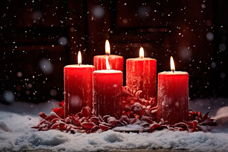 Christmas candles with snow backgroundの素材