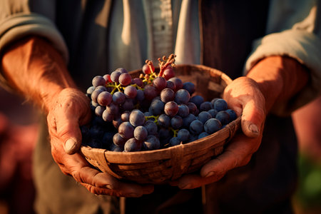 farmer holding black grapes in his handsの素材