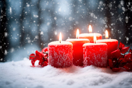 Christmas candles with snow backgroundの素材