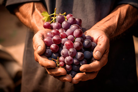 detailed image of a farmer's hands showing a bunch of ripe grapesの素材