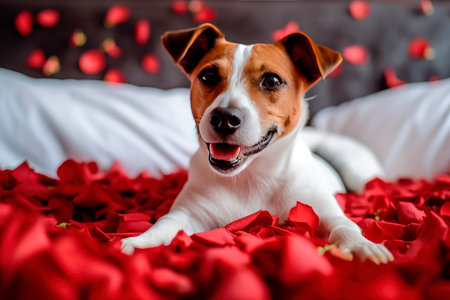Jack russell dog lying in bed full of red flower petals as background , in love on valentines day concepの素材