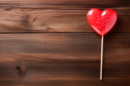 Heart shaped candy lollipop for valentines day on a wooden table. Top view. Copy spaceの素材