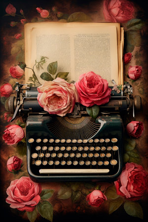 Happy Valentine's Day concept on vintage paper sheet with roses and typewriterの素材