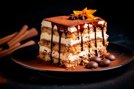 Tiramisu cake with Cocoa and coffee on black backgroundの素材