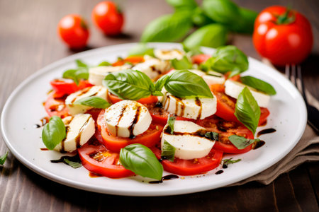 Traditional caprese salad with tomatoes, mozzarella cheese and basil on wooden tableの素材