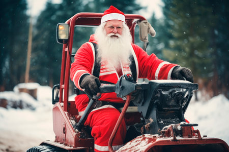 santa claus dressed in red clothes, driving an excavator machineの素材