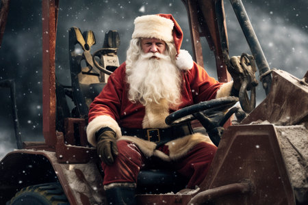 santa claus dressed in red clothes, driving an excavator machineの素材
