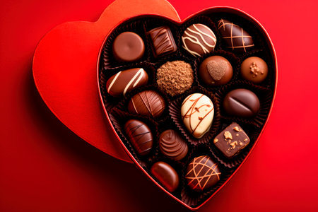 Chocolate bonbons in a heart-shaped box for Valentine's Day on red backgroundの素材