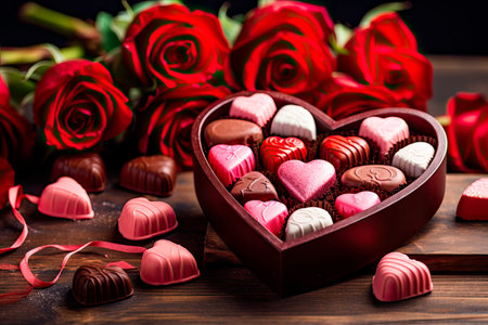Chocolate bonbons in a heart-shaped box for Valentine's Day on wooden tableの素材