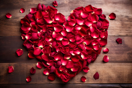 heart made with rose petals on wood. valentine conceptの素材